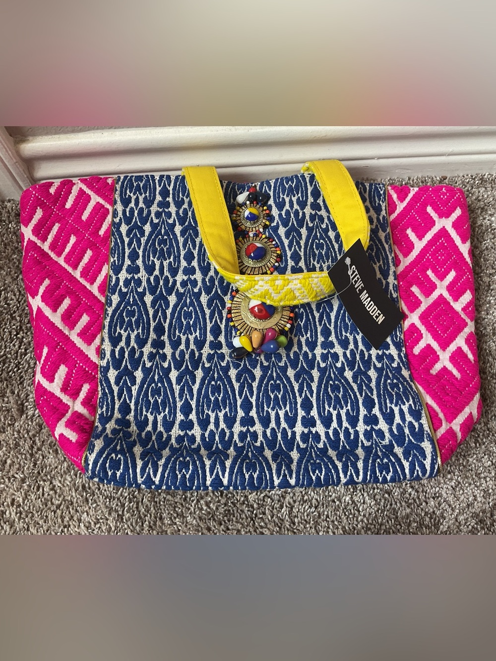 Steven by Steve Madden Bzena Tote w/ blue & white ikat pattern.  NWT. Excellent